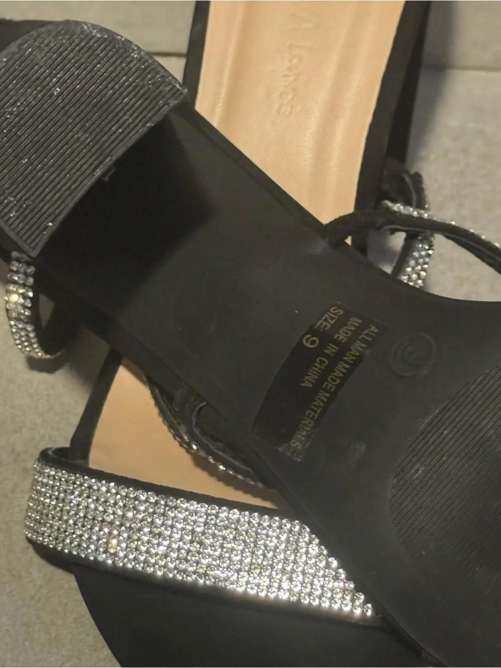 Black Strappy Block Heel Sandals with Rhinestone Ankle Wrap